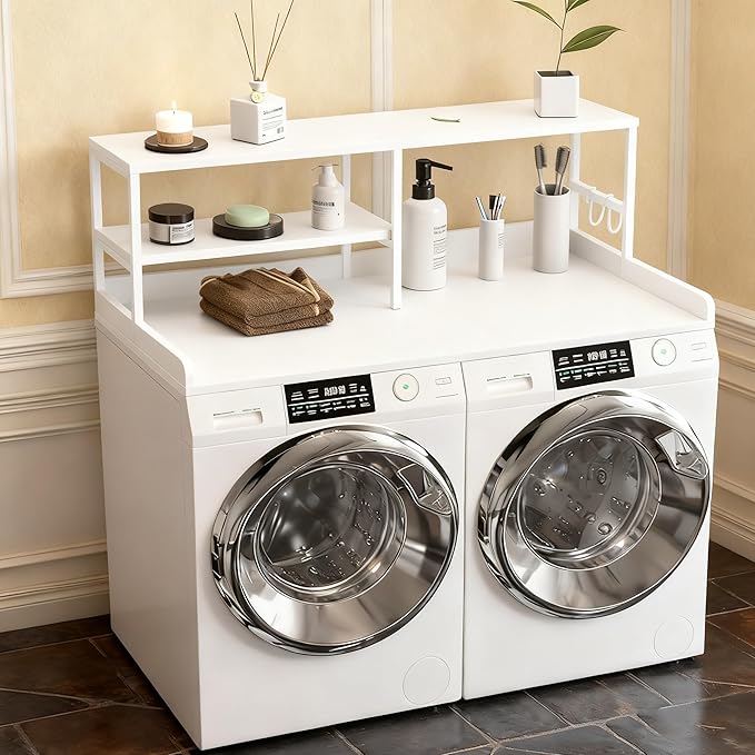Washer and Dryer Countertop with Shelf, 2-Tier 54" x 27.5" Wood Laundry Countertop, Washer Dryer Topper with High Edge Rails and Hooks, Non-Slip Pads, Waterproof & Heat Resistant Top (White)