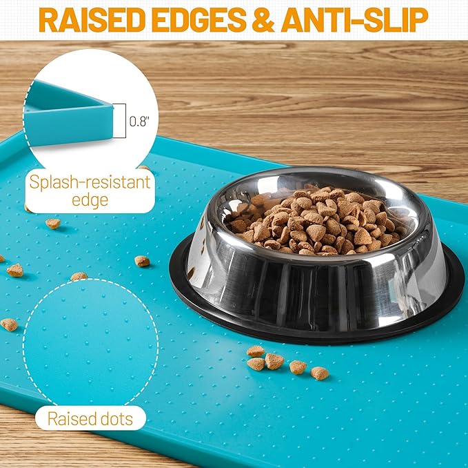 Hubulk Dog Feeding Mat,100% Waterproof Food Grade Silicone Pet Food and Water Bowl Placemat,Dishwasher, High Raised Edge to Prevent Spills,Nonslip Tray to Stop Messes on Floor（28"x18"x0.8", Green）