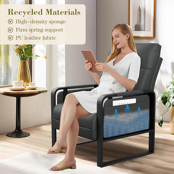Modern Faux Leather Accent Chair Upholstered Armchair with Side Table for Bedroom Living Room Chairs Office Chair Grey Leisure Chair