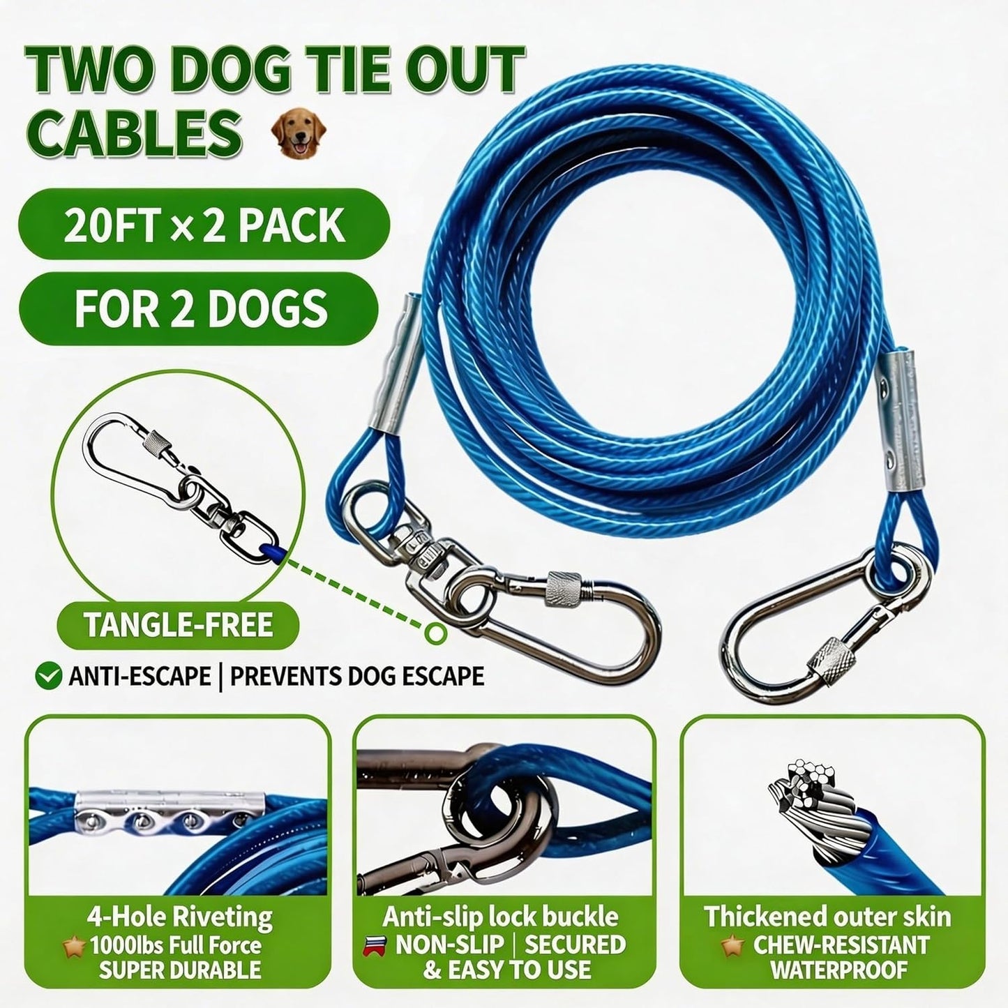 Heavy Duty Tie-Out Stake – 200LBS + 360° Tangle-Free Cables