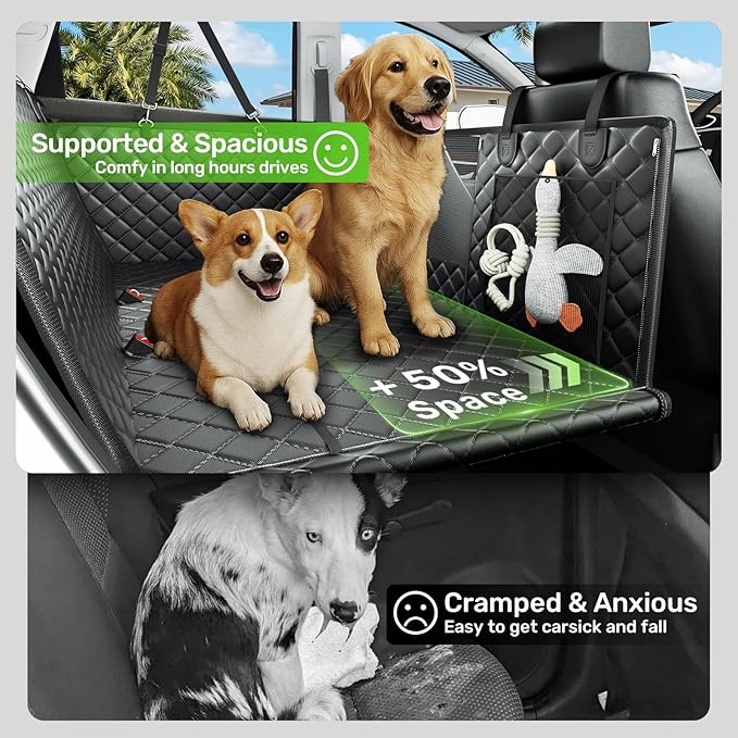 Zanch Heavy-Duty Dog Car Seat Cover, Flat Solid Back Seat Extender for Multi Large Dogs, Hard-Base Supports 450 lb, Waterproof Scrachproof Hammock Protector, Standard for Cars, SUV, Trucks, Green