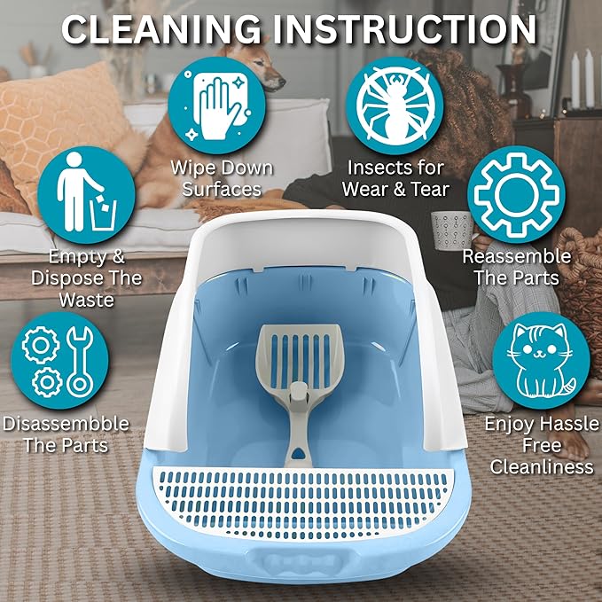 Large Open-Top Cat Litter Box with High Sides, Enclosed Scatter Shield Design, Easy Clean Plastic Litter Pan, Includes Scoop (Blue)
