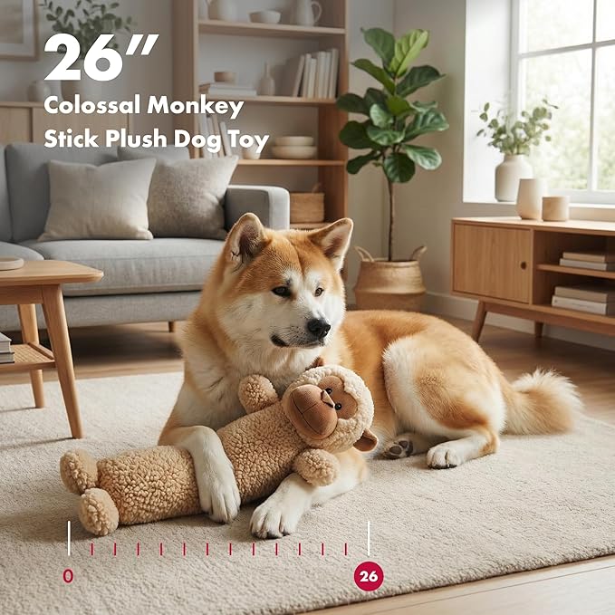 Pet Lou 26 Inch Monkey Stick Plush Dog Chew Toy for Dogs with Grunter & Squeakers, Durable Fleece Interactive Toy for Fetch, Tug & Anti-Boredom Play