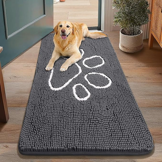 Smiry Dog Door Mat for Muddy Paws, Absorbent Dirt Trapper Non Slip Quick Dry Washable Chenille Mat for Mud Dogs, Entry Rug for Indoor and Outdoor (48x30 Inches, Dark Grey and White)