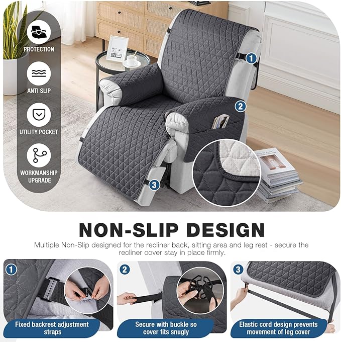 TAOCOCO 100% Waterproof Recliner Cover - Recliner Cover with Non-Slip Granule, Recliner Chair Covers with Elastic Band, Recliner Chair Covers for Reclining Chair(Dark Grey,Large-28'')