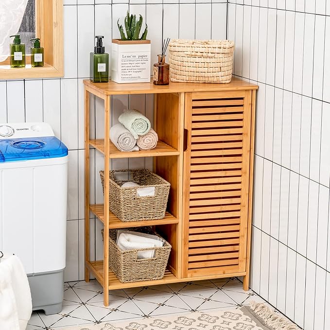 Tangkula Bamboo Bathroom Floor Cabinet, Storage Cabinet with Shutter Door and 3 Tier Shelves, Freestanding Bathroom Cabinet for Living Room Kitchen Hallway, Natural