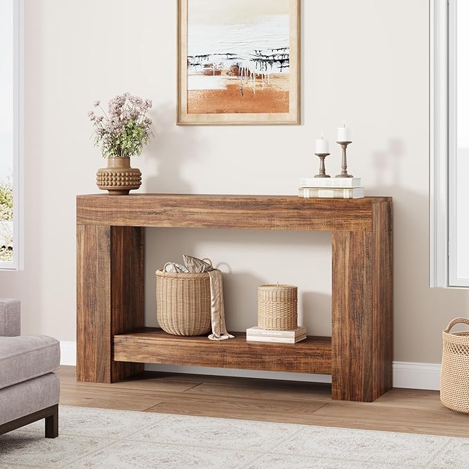 Garvee 47" Farmhouse Console Table with 2 Tiers and Storage – Large Wooden Sofa Table for Entryway, Hallway and Living Room