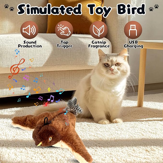 Flappy Chase Cat Toy, 2026 New Interactive Chirping Flying Bird Cat Toy with Remote Control, Chirping Bird Cat Toy Flapping Wings, Flying Interactive Simulation Electric Cat Toy (Brown) (A)