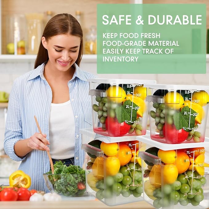 Lallisa 4 Pcs 8qt & 4qt Clear Food Storage Containers with Lids Handles and Scales, Stackable Plastic Square Food Storage Containers for Dough Proofing Baking Kitchen Restaurant(White)