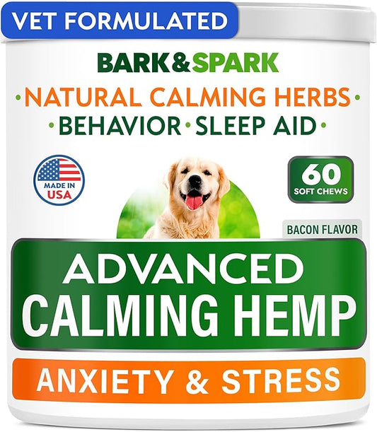 BARK&SPARK Advanced Calming Chews for Dogs - Hemp Chew + Melatonin - Anxiety Relief - Sleep Aid - Relaxing Treats - Stress Relief During Fireworks, Storms, Thunder, Barking - Made in USA - BBQ - 60Ct