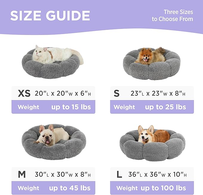 LE SURE Calming Large Dog Bed - Flower Donut Round Fluffy Puppy Bed in Plush Teddy Sherpa, Non-Slip Cute Flower Dog Beds, Large Pet Bed Fits up to 100 lbs, Machine Washable, Grey 36"