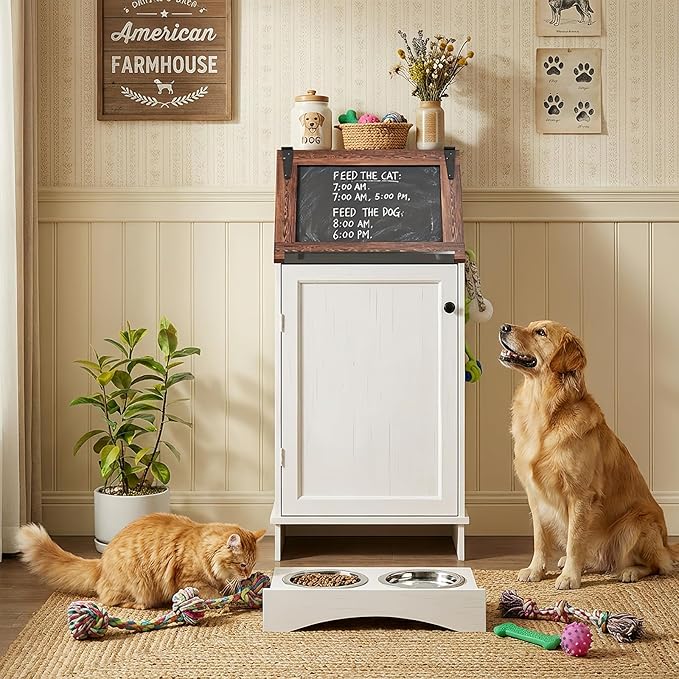 Dog Food Feeding Station Storage with Bowls, Pet Food Storage Cabinet with Flip-Top Blackboard, Hidden Trash Can, Pet Organizer Cabinet for Dog and Cat