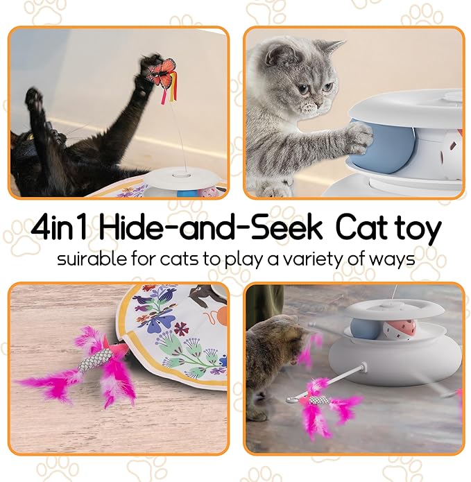 4-in-1 Interactive Cat Toy ，Auto Flutter Toy,Sensor Automatic Hide & Seek, USB Rechargeable 6 Modes for Indoor Cats Exercise Boredom Relief, Multi-Color Options