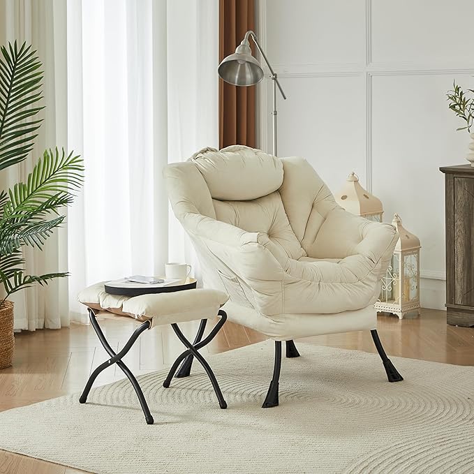 HollyHOME Lazy Chair with Foldable Ottoman, Accent Comfy Lounge Armchair and Folding Footrest Stool, Leisure Sofa Reading Chair and Footstool for Living Room, Bedroom, Dorm,Velvet Beige