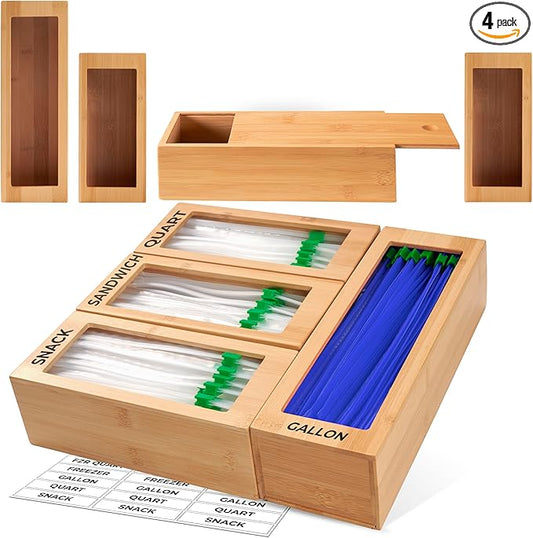Storage Bag Organizer, Bamboo Baggie Organizer for Drawer, 4 Modular Blocks with Labels, Plastic Bag Storage Organizer, Quick Refill, Compatible with Gallon, Quart, Sandwich, Snack size bags