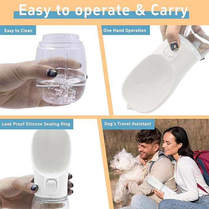 Portable Travel Dog Bottle with Bowl, Leak Proof, Convenient for Walking, Hiking and Camping (White, 12oz)