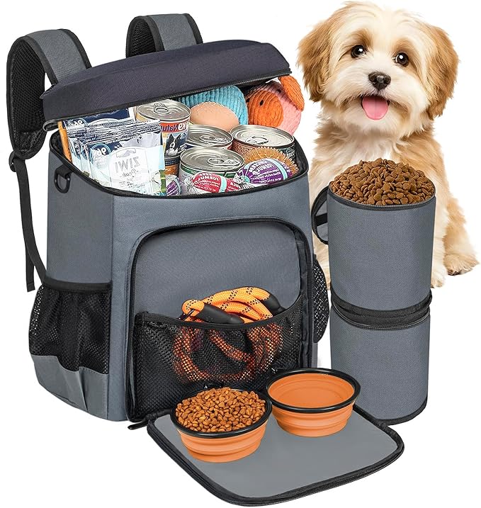 ANILD Dog Travel Backpack - Airline Approved Double-layer Pet Travel Bag Accessories with 2 Food Storage Bag and 2 Foldable Silicone Bowls for Hiking & Camping
