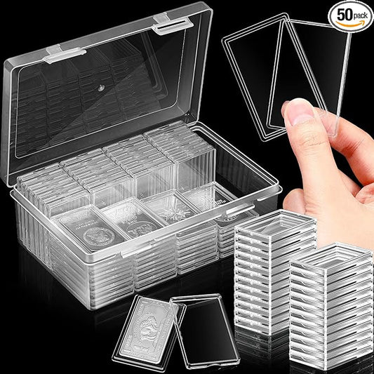 Batiyeer 50 Pcs 1 oz Silver Bar Case Holder Clear Acrylic Bar Capsule Storage Container for 1 Ounce Holder with Plastic Storage Box for Collectors Investors