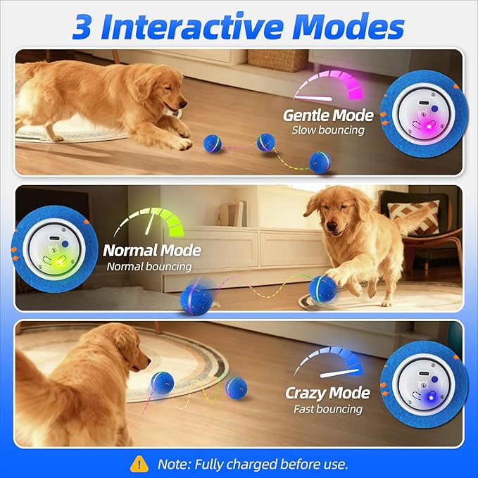 Smart Interactive Dog Toys Balls: 3.5 Inch Automatic Moving Balls for Dogs, 3-Modes with Colorful Lights , Durable E-TPU Material, Active Self Rolling, Bouncing, and Rotating Dog Toy to Keep Them Busy
