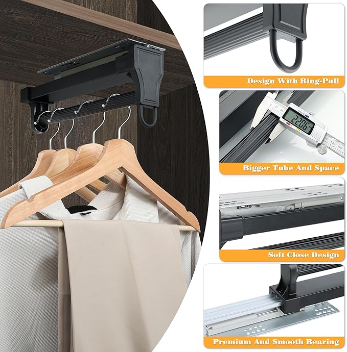 Alise Pull Out Clothes Hanger Rack for Closet,Heavy Duty Closet Rod with Automatic Soft-Close Mechanism for Closets,16 inch Closet Pull Out Metal Rod Organizer Hangers for Coats Pants Hangers,Black