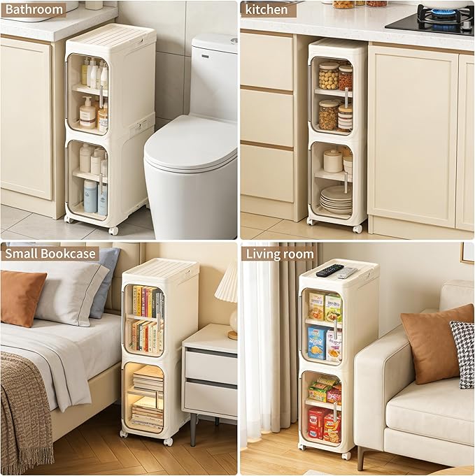 Narrow Storage Cabinet Slim Bathroom Storage Cabinet with Movable Wheels Tall Bathroom Organizer Skinny Cabinet for Small Spaces，2-Tier Beige