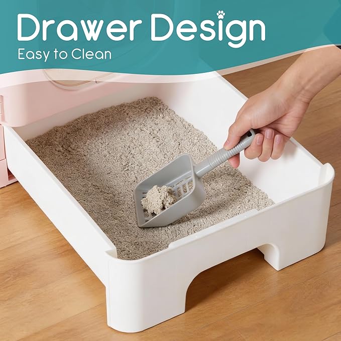 Cat Litter Box with Scoop, Large Foldable Litter Box with Lid & Drawer Tray, Front Visible Entry Top Exit Kitty Box, Odor Control, Easy to Clean
