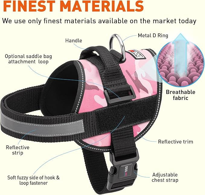 Dogline Dog Harness, Reflective No-Pull Adjustable Vest with Handle for Walking, Training, Breathable, No - Choke Harness for Small, Medium or Large Dogs Room for Patches Girth 33"-46" in Pink Camo