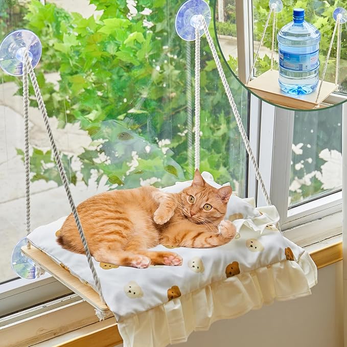 Cat Window Perch, Heavy Duty 20KG/44LB Suction Cup Hammock Bed with Soft Cushion, Secure & Stable Window Mount for Lazy Time, Bird Watching, Safe for Large Cats, 18.9"x14.5" (Little Bear)