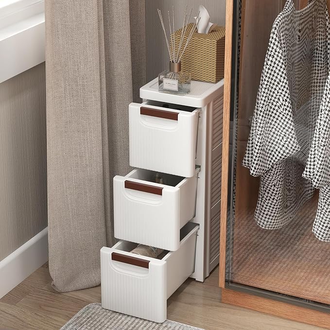 POWERSTONE 3-Drawer Plastic Rolling Storage Cabinet, Narrow Organizer Cart with 4 Wheels, Space-Saving Slim Mobile Utility Cart for Bedroom, Bathroom, Office & Classroom