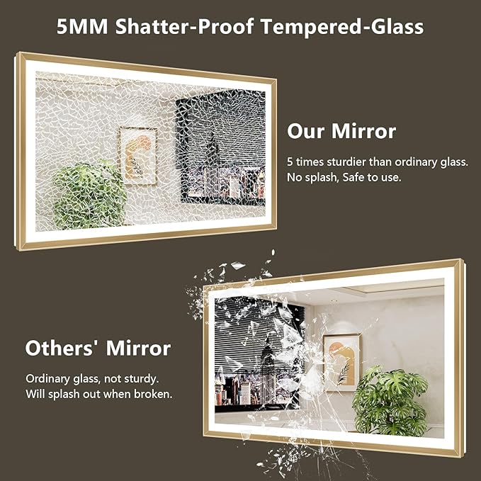 40x32 Gold Framed LED Bathroom Mirror with Lights, Backlit and Front Light, Lighted Bathroom Vanity Mirror for Wall Dimmable Anti-Fog Memory Tempered Glass Horizontal/Vertical