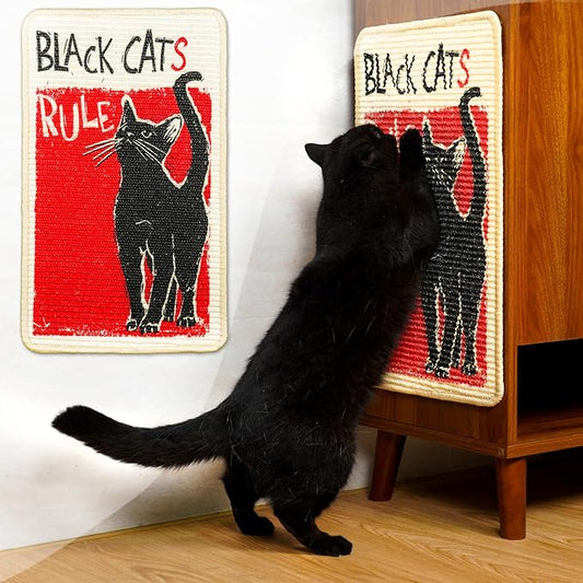 SOLDAY Sisal Cat Scratcher Mat for Floor Wall Carpet Couch Furniture, 22x13 inch Anti Scratch Furniture Protector, Cat Scratching Posts Board with Velcro Tape(Black Cat Rules)