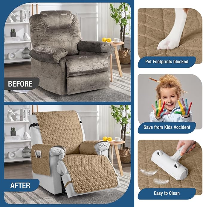 TAOCOCO 100% Waterproof Recliner Cover - Recliner Cover with Non-Slip Granule, Recliner Chair Covers with Elastic Band, Recliner Chair Covers for Reclining Chair(Camel, Oversized-30'')