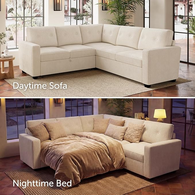 HONBAY 83.4 Inch U-Shaped Sectional Sleeper Sofa with Pull-Out Bed, 5-Seater Sectional Sofa for Living Room, Pet-Resistant Corduroy Couch, Beige