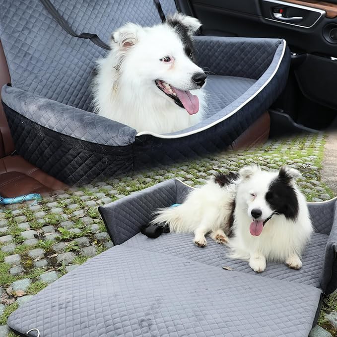 Youvee Dogs Car Seat and Bed 2 in 1,Pet Car Bed for 2 Small or 1 Medium/Large Dog up to 60 lbs,Dog Booster for car Back Seat,Comfortable,Fully Detachable and Washable(Black Outside Brown Inside)