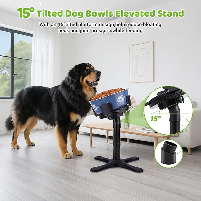 Dog Bowls,Elevated Adjustable Dog Bowl Stand with 3 Heights & Tilted Feeding Design, Raised Stand Compatible with Medium & Large Breeds(with Bowl) Black
