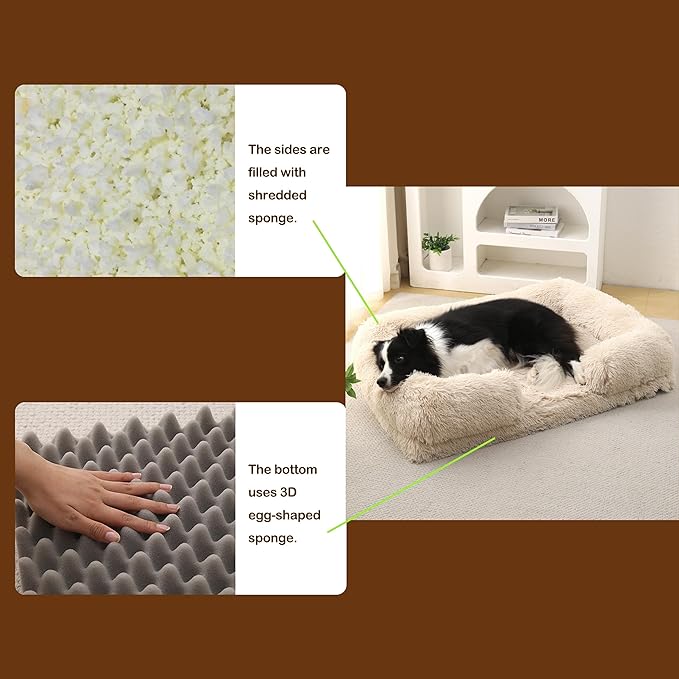 Orthopedic Dog Bed for Large Dogs - Washable Memory Foam Pet Sofa, Fluffy Plush Rectangular Bed, Waterproof Anti-Anxiety Couch, Light Brown, L