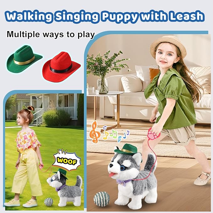 Walking Husky Barking Dog Toy for Child Kid Licking Talking Puppy with Leash, Interactive Puppy that Barks Tail Wagging Plush Robot Dog Singing Electric Pet Pretend Dress Up Christmas Boy Girl Gift