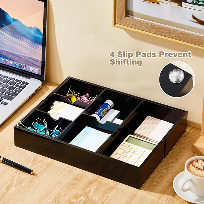 1 Pcs Acrylic Desk Drawer Organizer 2 Inch Height Expandable Drawer Organizer Trays with 8 Adjustable Compartments Desk Accessories for Makeup Silverware Office Bathroom(Black)