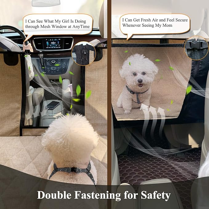 VIVAGLORY Dog Car Seat Covers, Hammock Seat Cover Mesh Visual Window with Extra Strap & Buckles, Waterproof & Nonslip Car Back Seat Cover Convert to Bench Seat Cover & Trunk Liner, Heather Khaki S
