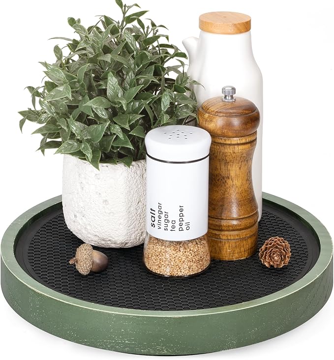 Pine Wood Non-Skid Lazy Susan for Table Top – 10.5" Lazy Susan Turntable for Cabinet, Kitchen Decor & Coffee Table - Ideal as a Spice Rack & Bathroom Tray with Rubber Mat (Green)