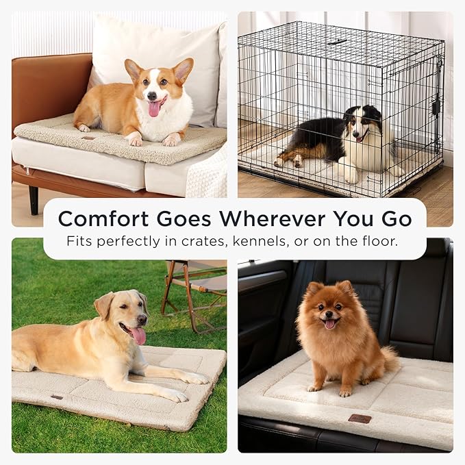 Reversible Dog Crate Pad Bed for Large Dogs,Washable & Non-Slip Kennel Pet Mat, High Density Foam and Soft Fleece Cat Bed for Indoor & Outdoor Use, 41" x 28", Cream White