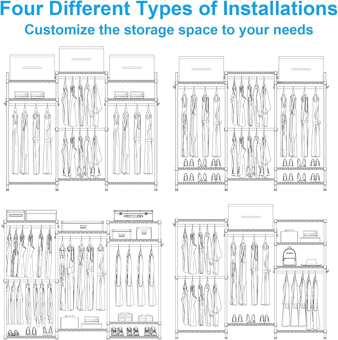 Ulif E13 Max Heavy Duty Clothes Rack（With 4 Hanger Rods & 8 Shelves） Freestanding Clothing Racks for Hanging Clothes，Adjustable Closet，Metal Garment Rack 86" W x16 D x77 H，Max Load 1100LBS，Black
