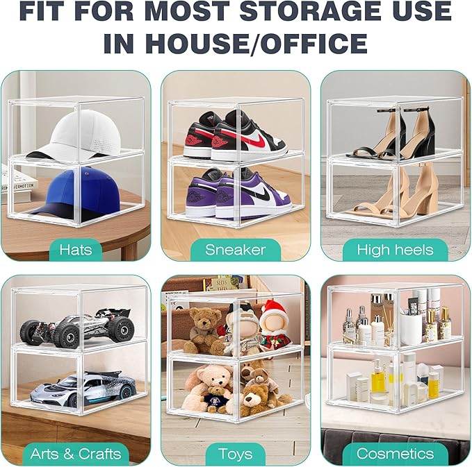 12 Pack Drop-Front Clear Shoe Storage Box Acrylic Box Shoe Organizer Size 13, Stackable Shoe Tower with Magnetic Door Large Storage Bins for Sneaker Containers Display & Closet Organization