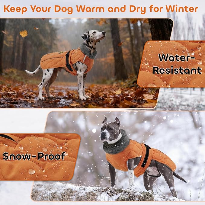 Dog Coat Winter, Waterproof Quilted Dog Jacket for Cold Weather, Reflective Adjustable Puppy Winter Coat, Warm Turtle-Neck Pet Fleece Snow Jacket for XX-Large Dogs, NewOrange XXL