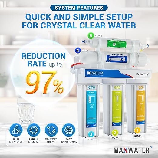Max Water 100 GPD Reverse Osmosis Water Filtration System - 5 Stage RO System with Faucet and Tank Plus 4 Extra Filters - Under-Sink/Wall Mount (White, with Tank & Faucet) - Model : RO-5W2