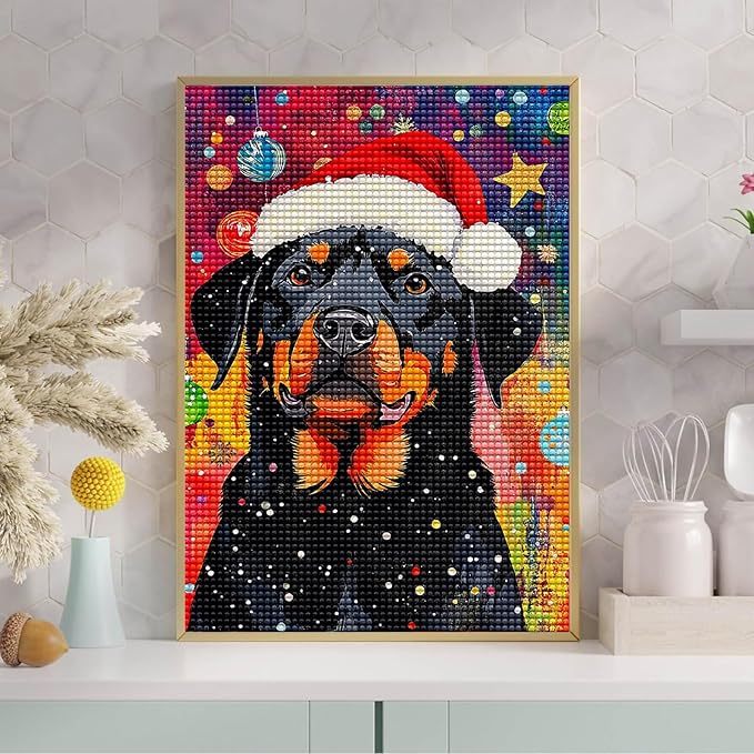 Rottweiler Wearing A Santa Hat Diamond Art Kits for Adults, Christmas DIY 5d Diamond Painting Kits for Beginners, Can Be Used As A Gift for Home and Wall Decoration 12 * 18Inch