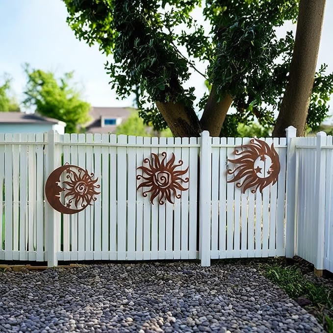 Limygus Sun Moon Metal Wall Art - Rust Colored Rust Proof Wall Sculpture Set of 3 for Indoor & Outdoor Decor for Bedroom, Garden, Patio, Farmhouse