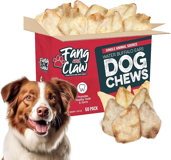 Fang & Claw 50 Count Water Buffalo Ears for Dogs – 100% Natural, Single-Ingredient, Long-Lasting Rawhide Alternative, Grain-Free