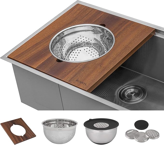 Ruvati 57-inch Undermount Workstation Kitchen Sink – 16 Gauge Stainless Steel Single Bowl with Ledges & Accessories – RVH8555