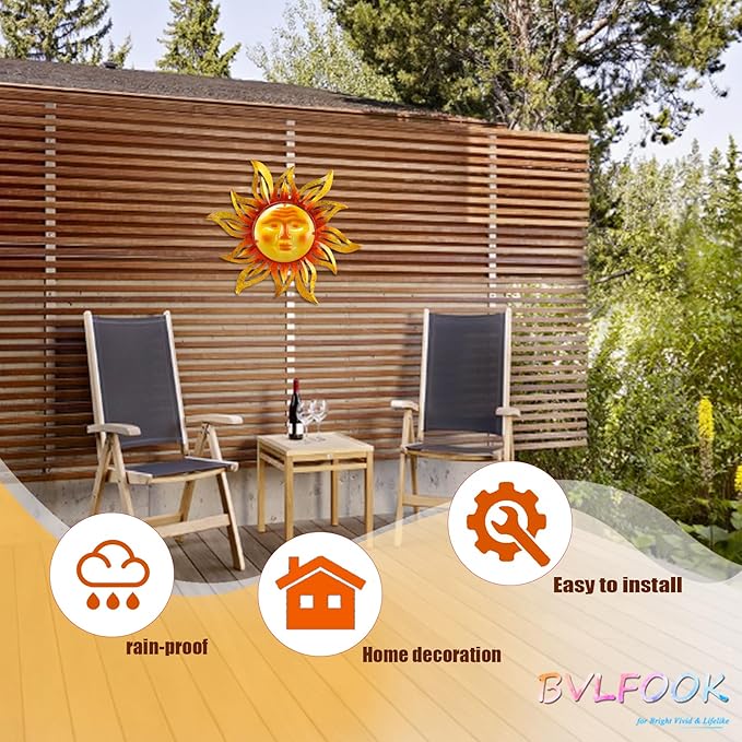 Metal Sun Outdoor Wall Art Decor Large 19 Inch, Hanging for Indoor Outdoor Patio Garden Fence Deck Yard Pool Wall Sculpture Decoration for Living Room Bedroom Colorful Unique